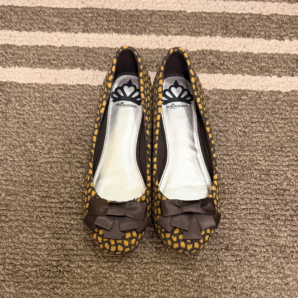 Fergalicious Yellow & Brown Woven Bow Ballet Flats - Women